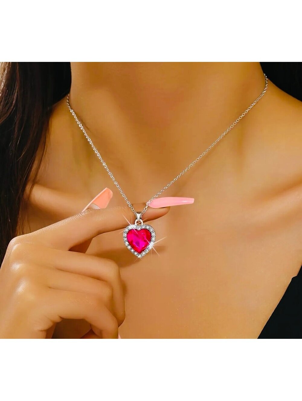 New - Elegant Princess Rhinestone Heart Necklace with Zircon accents - Rose Red